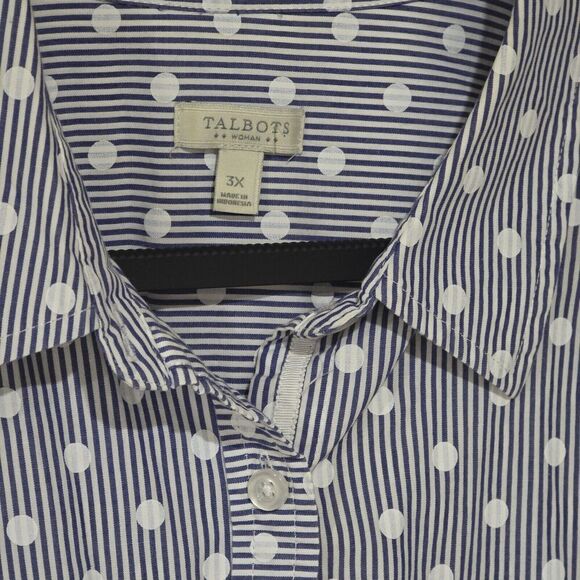 Talbots Top Womens 3X Polka Dot Button Up Long Sleeve Blue Striped Office Career - Picture 2 of 15